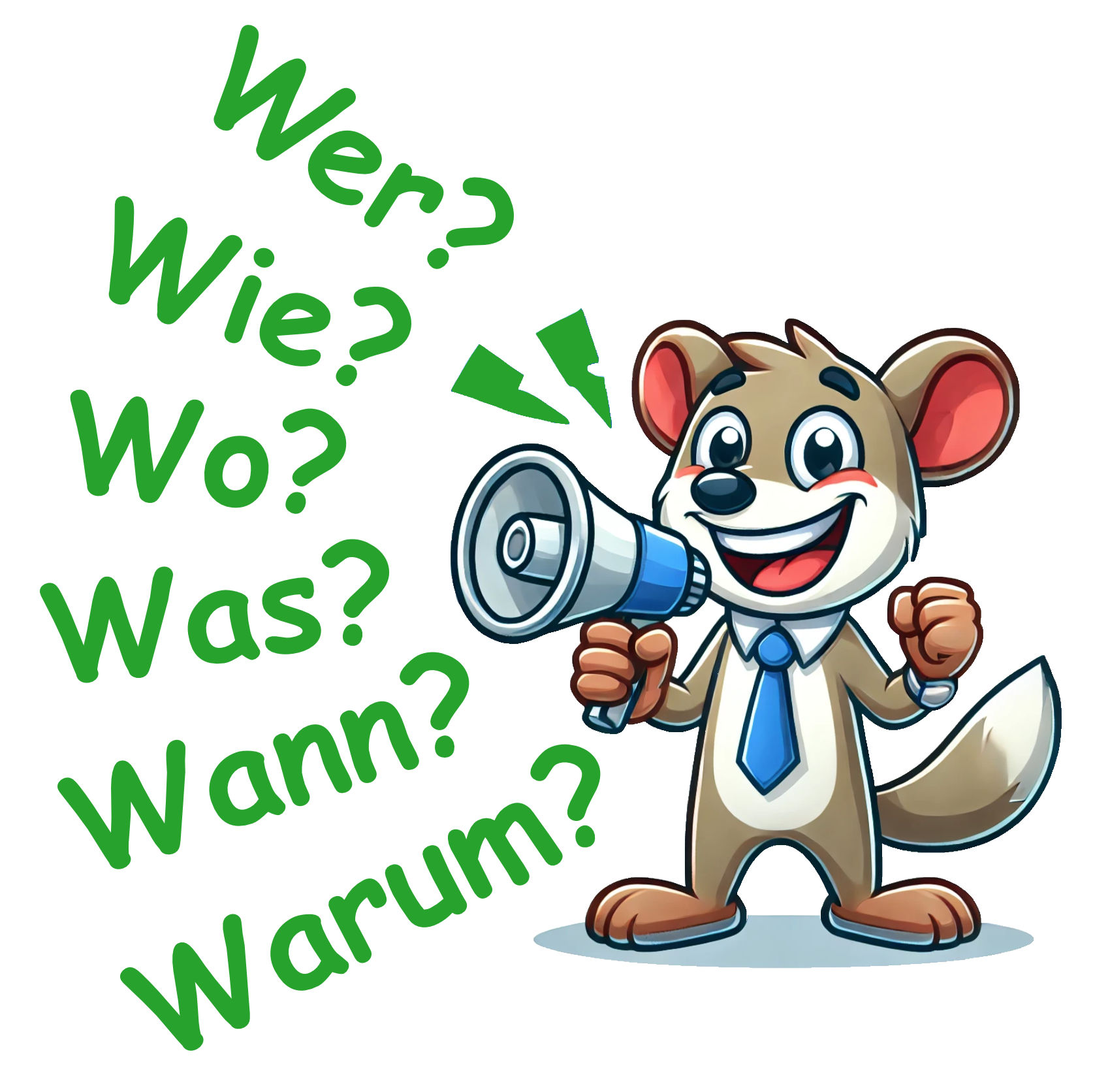 Comic-Figur mit Megaphon und Fragewörtern Wer Wie Wo Was Wann Warum Comic-Figur mit Megaphon und Fragewörtern Wer Wie Wo Was Wann Warum