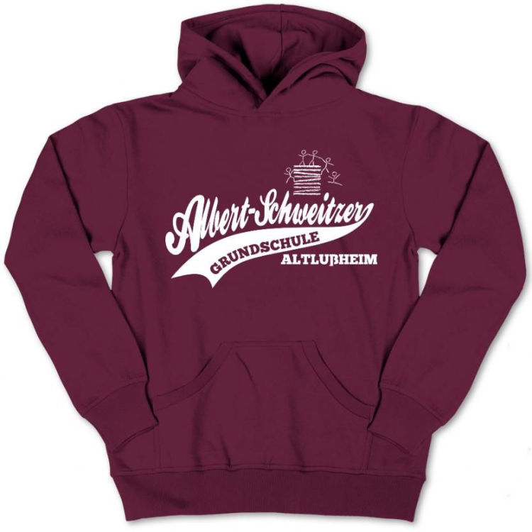 Hoodie in aubergine mit weißem Schriftzug Albert-Schweitzer-Grundschule und Schullogo