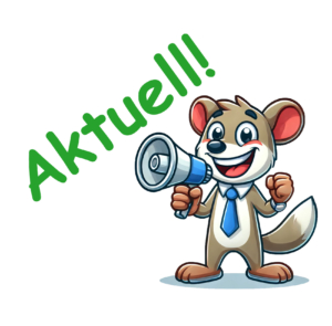 Eine Comic-Maus mit Megaphon ruft: Aktuell!